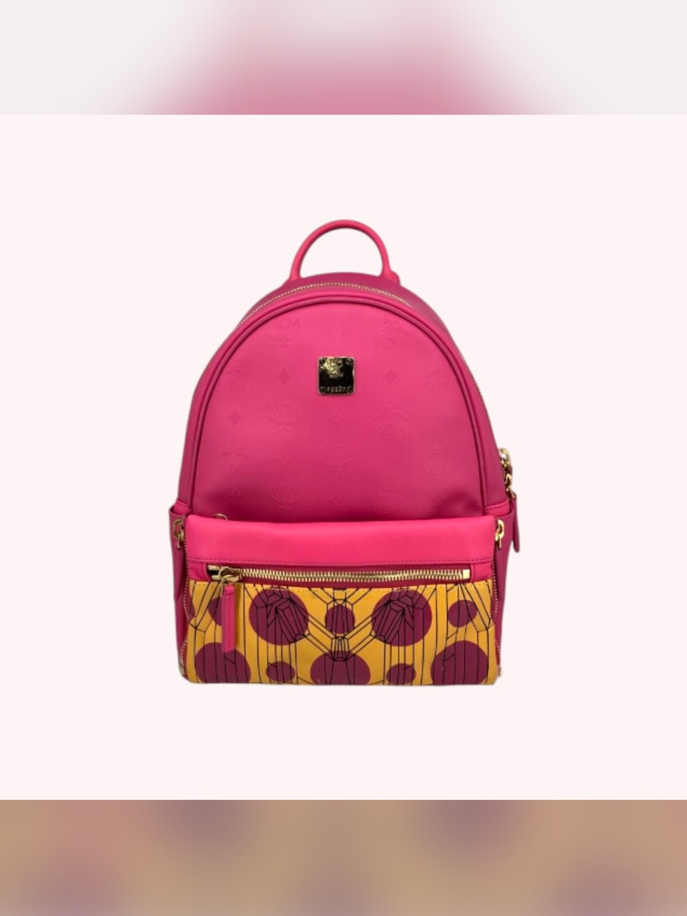 MCM Hot Pink Backpack with Yellow & Plum Patterned Front Pocket